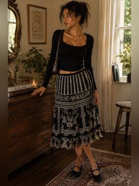 Black and White Patterned Skirt-Midi-One size fits most with tie waist